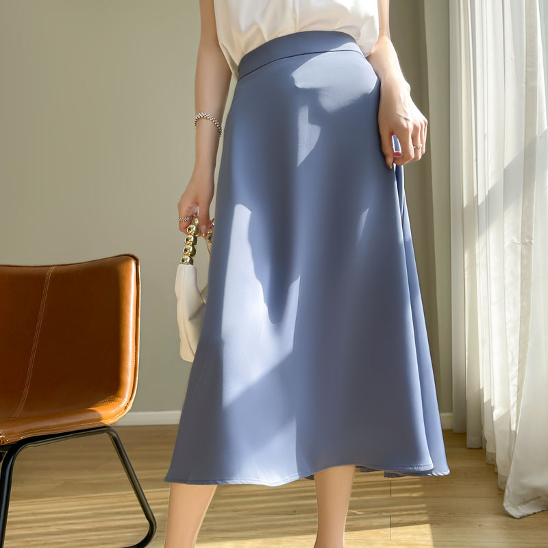Acetic Satin High Sense Skirt Women's A-Shaped Mid-Length Skirt In Spring And Summer High Waist And Slim Umbrella Skirt: L / Blue