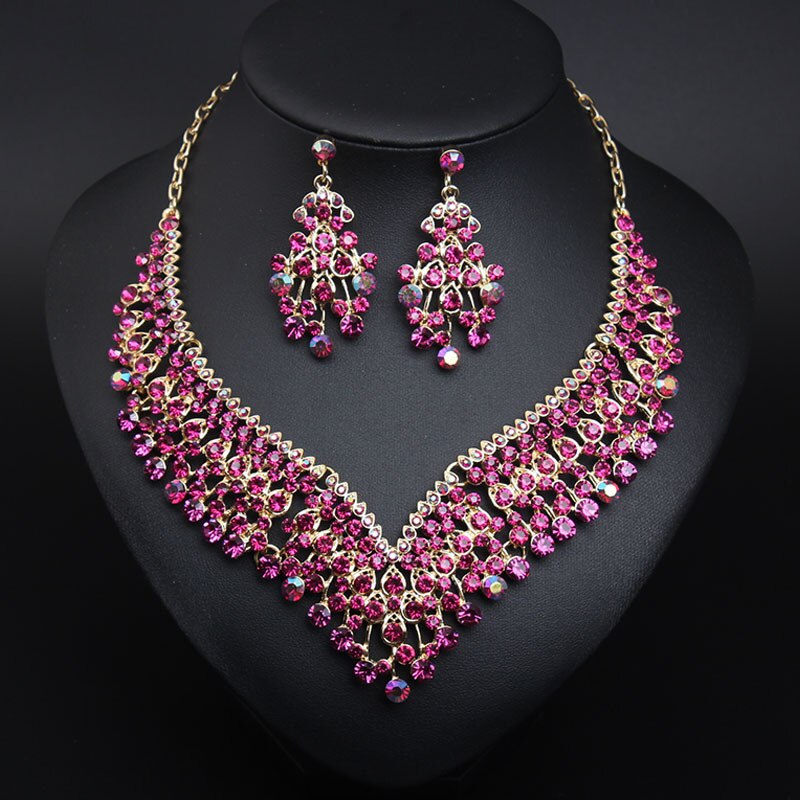 Red Rhinestone Earrings Necklace Set Jewelry Sets Women Gold Color Choker Bridal Wedding Party Costume Accessories