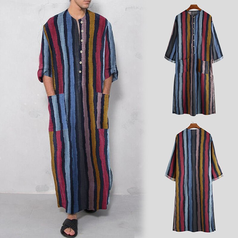 Mens Onesie Sleep Robes Loose Long Sleeve Striped One Piece Pajamas Casual Homewear Nightgown Mens Bathrobes Jumpsuit Nightwear