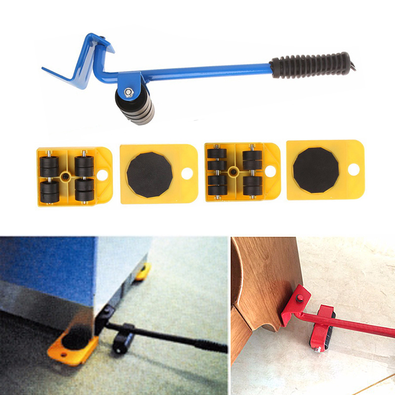 5Pcs Furniture Transport Lifter Tool Set Heavy Stuffs Moving Hand Tools Set Wheel Bar Mover Device Max Up For 100Kg/220Lbs