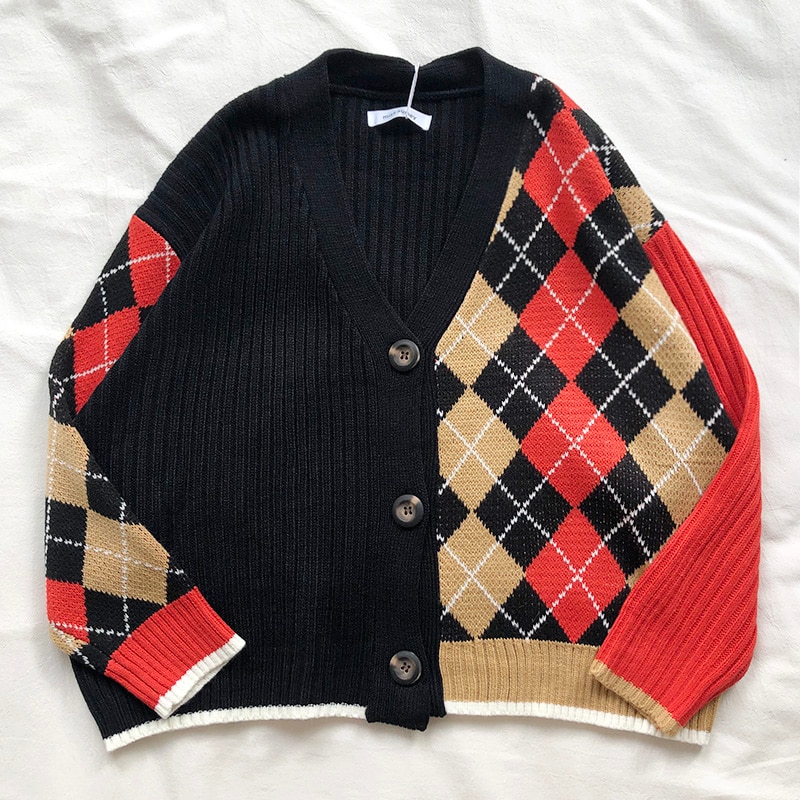3 färger vår och höst koreansk stil färg patchwork v-ringad pläd stickade koftor dam tröjor dam  (x180)