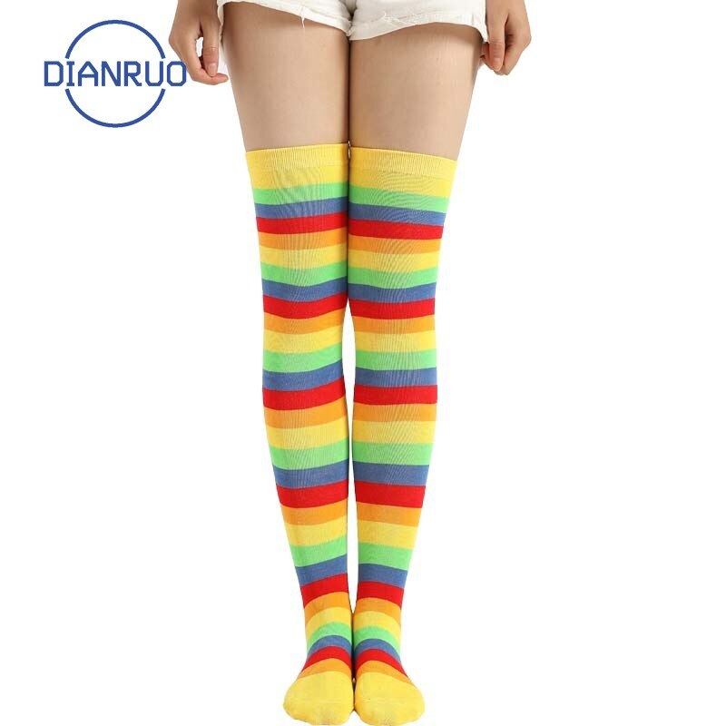 Dianruo multicolor regenboog gestreepte kousen dames lange sokken schattige katoenen dij hoge gebreide dames overknee sokken  q90
