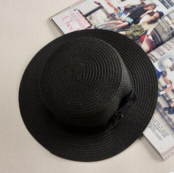 Rep platt hatt halm solskydd kvinnlig halm rosett utomhus sol strand hatt sommar hattar kvinnor keps panama kepsar: 5