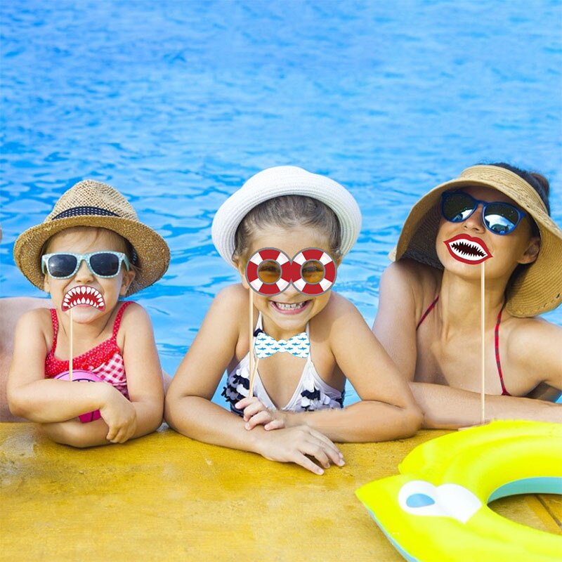 Accesorios de fotomatón de cumpleaños con temática de tiburón para adultos, niños y bebés, decoración de de feliz cumpleaños, accesorios de grabación de cámara, 25 piezas