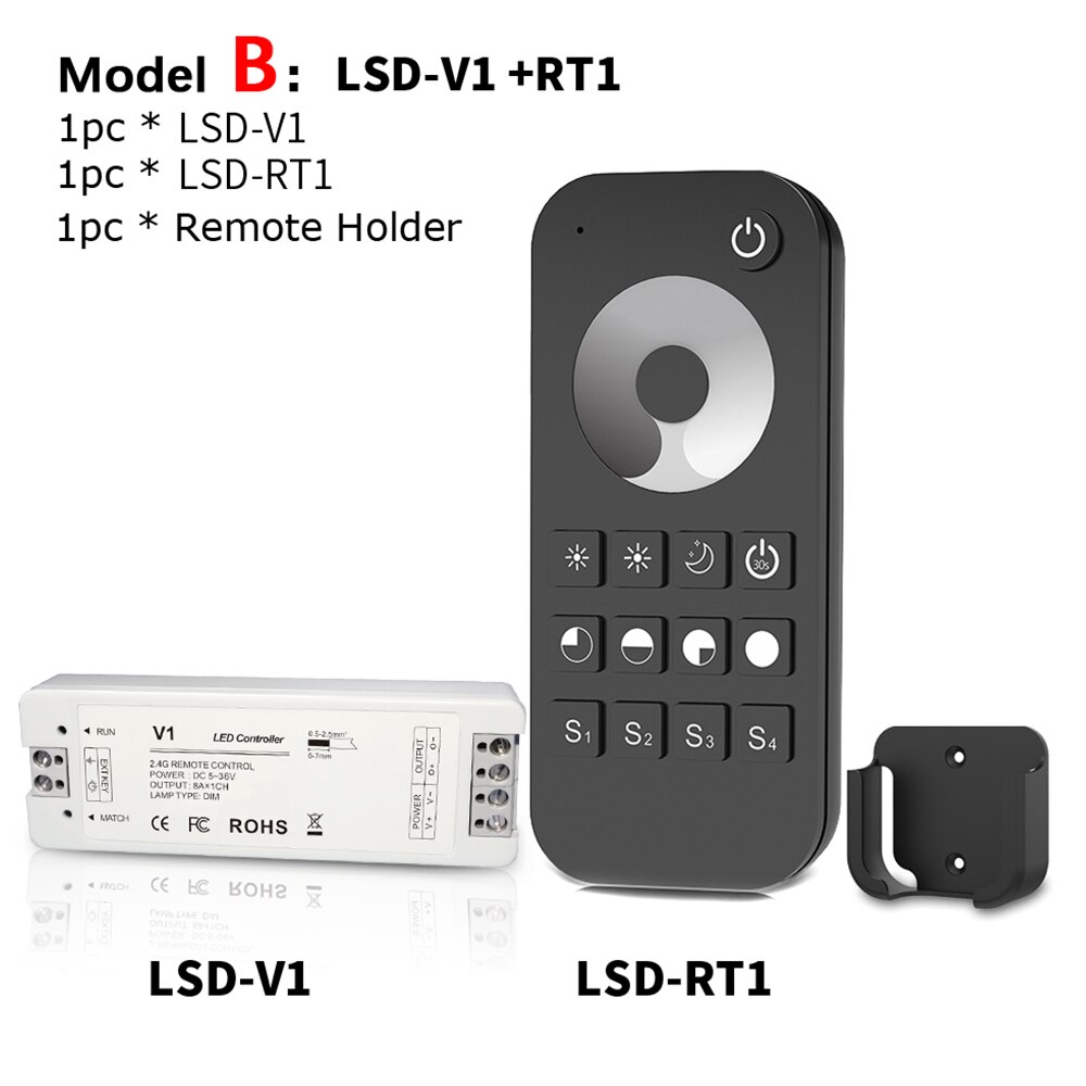 Lisxchda-regulador de intensidad LED, 12V, 5V, 24V, 36V, 8a, PWM, inalámbrico, regulador de intensidad con encendido apagado, con mando a distancia de 2,4G para cinta de LED de único Color: B Model