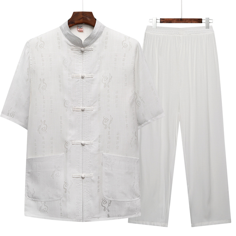 Vêtements chinois traditionnels pour homme, ensemble Tang, costume Hanfu, manches courtes, lin et Kung Fu, Tai Chi: White / 40(170)