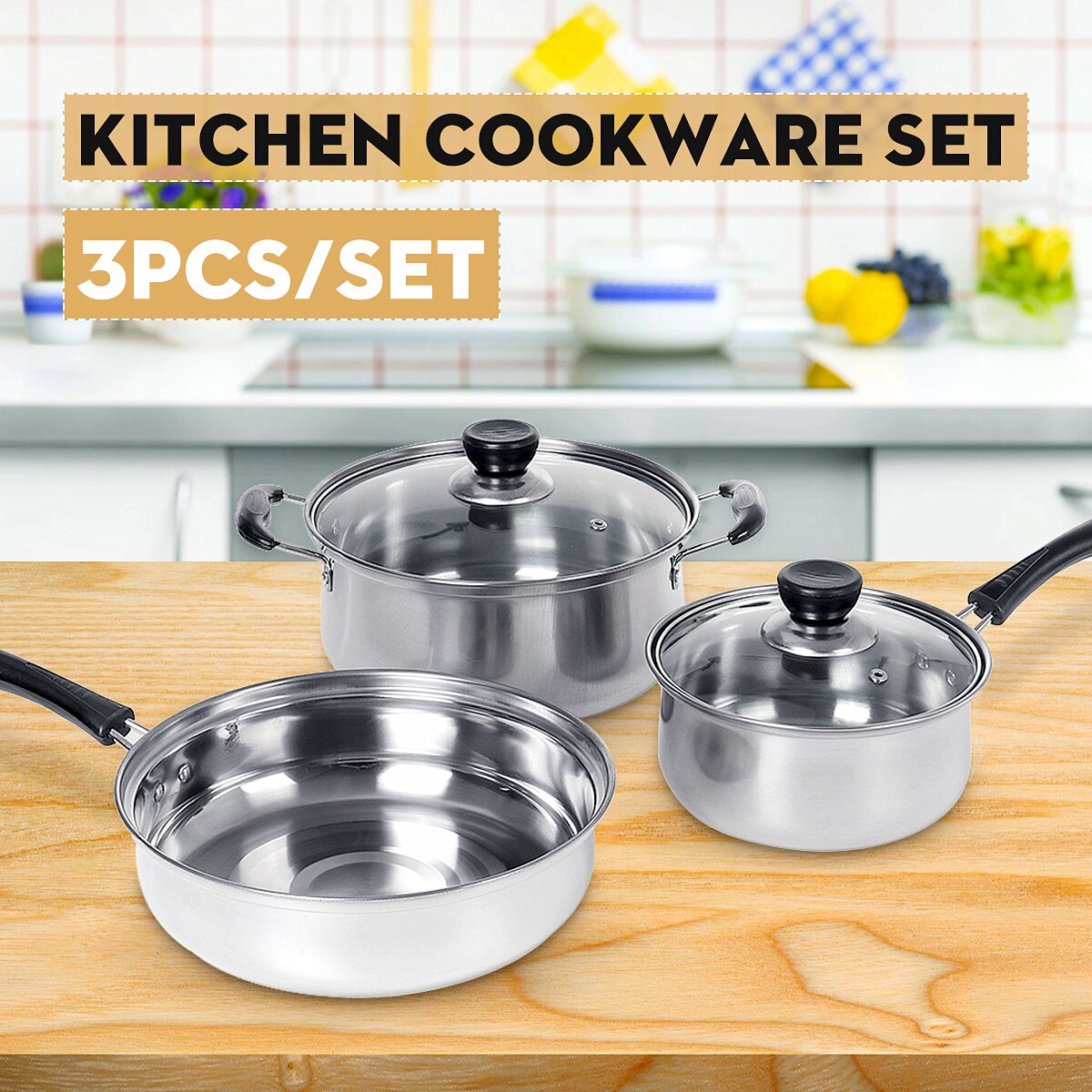 3Pcs/Set Stainless steel Pan Nonstick Iron Pot Cookware, Soup Pot with Lid+Milk Pot with Lid+Frying Pan