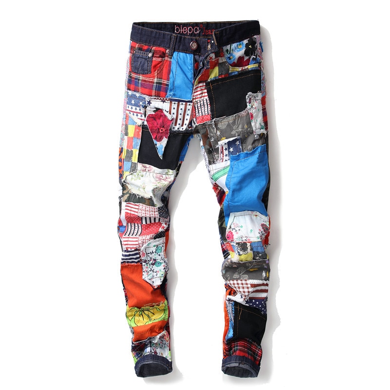 Men's Patchwork Spliced Ripped Denim Jeans Male Slim Colored Patch Buttons Fly Straight Pants