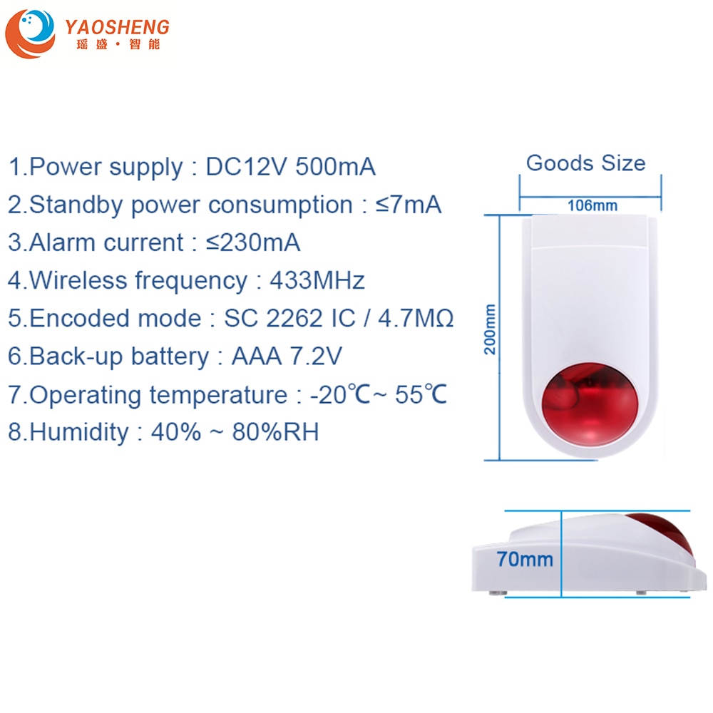 YAOSHENG Mini Alarm Horn Strobe Sensor 433mhz Wireless Strobe Siren for GSM Standalone Hotel Home Security Alarm Panel System