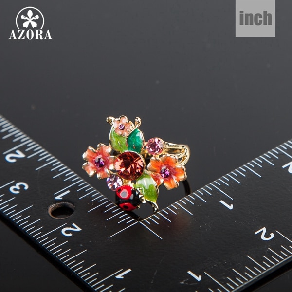 AZORA Gold Color Stellux Austrian Crystal Multicolour Insects and Flower Ring TR0087