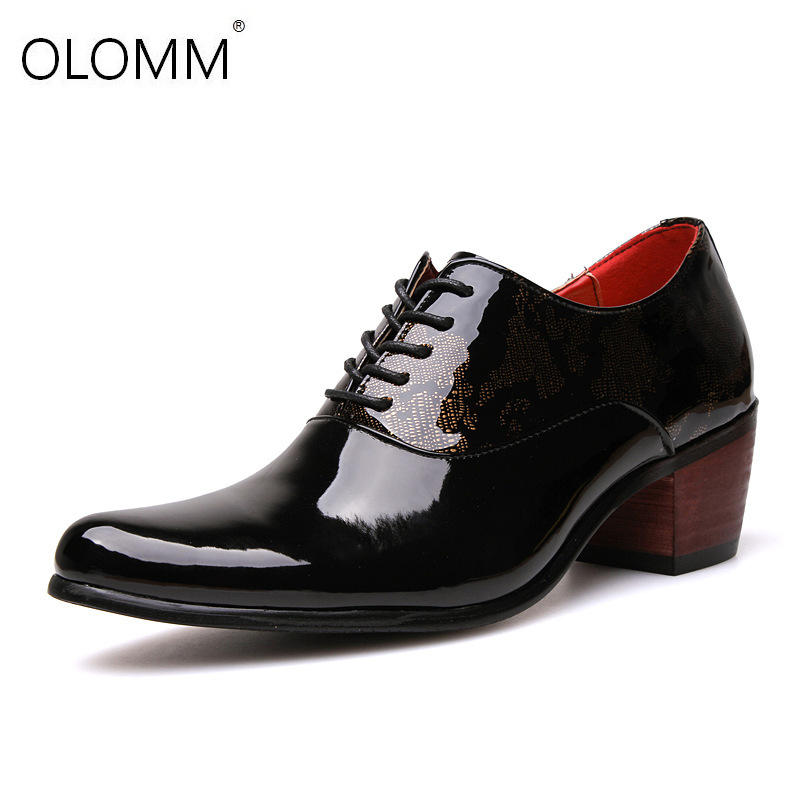 Men Dress Wedding Shoes Patent Glossy Leather 6cm High Heels Pointed Toe Heighten Oxford Shoes Party Prom