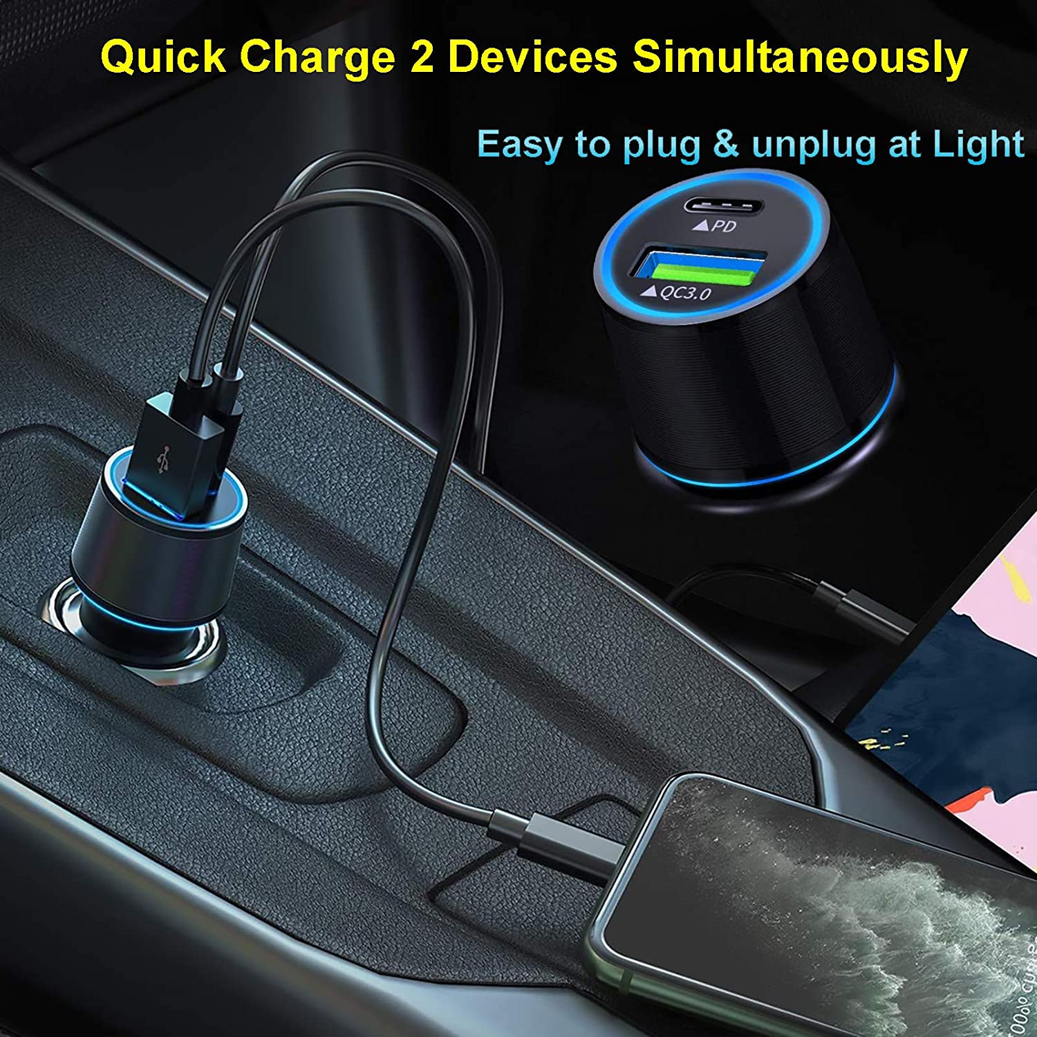 QC 3.0 PD chargeur de voiture + 1M câble plat de Type C pour Samsung Galaxy S7 + 5G S7 S6 / S6 Lite | Onglet A7 10.4 ' | Onglet A 8.4