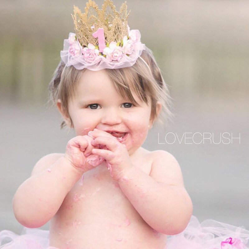 Pink Princess Headband Baby Girls 1st Birthday Party Hat Flower Crown Party Hairband Hair Accessories For Kids Photography Props