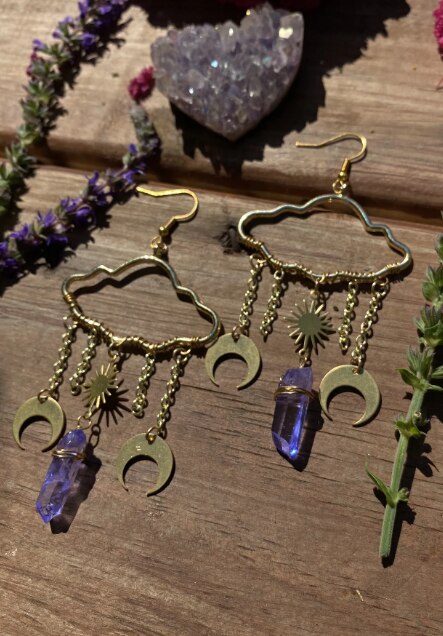 Boucles d'oreilles croissant de lune en cristal de Quartz avec breloques soleil, lune et étoile, boucles d'oreilles soleil céleste, boucles d'oreilles étoile, boucles d'oreilles lune