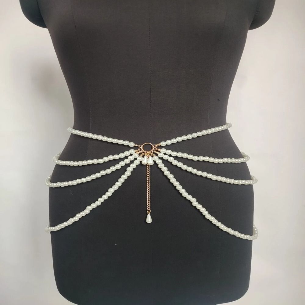 Cadena de cintura Y2K para mujer, accesorios para el cuerpo con borlas de perlas multicapa, cinturón para