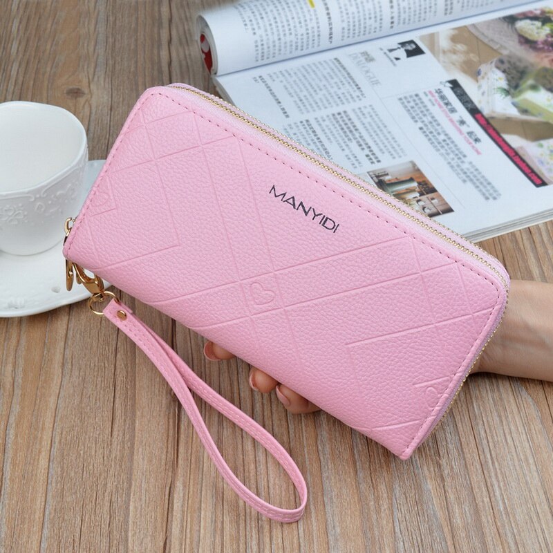Femmes grande capacité portefeuille en cuir pochette Double fermetures à glissière bracelet porte-cartes de sac à main téléphone poche longue sac à main dames Carteras: 7