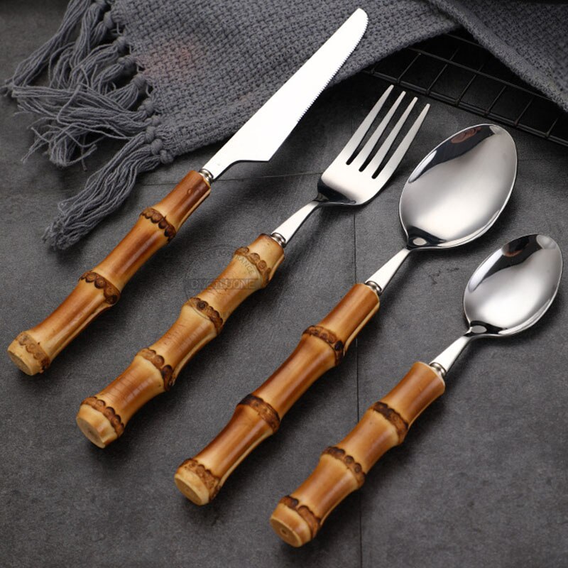 Juego de cubiertos con mango de bambú Natural, vajilla de acero inoxidable, vajilla de cocina, incluye tenedores, cucharas, cuchillos