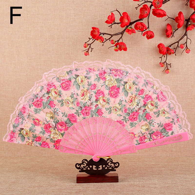 Vintage Flower Pattern Folding Fans Bronzing Wood Silk Plastic Hand Fans With Lace Ribbon Edge Dance Wedding Party Prop: F