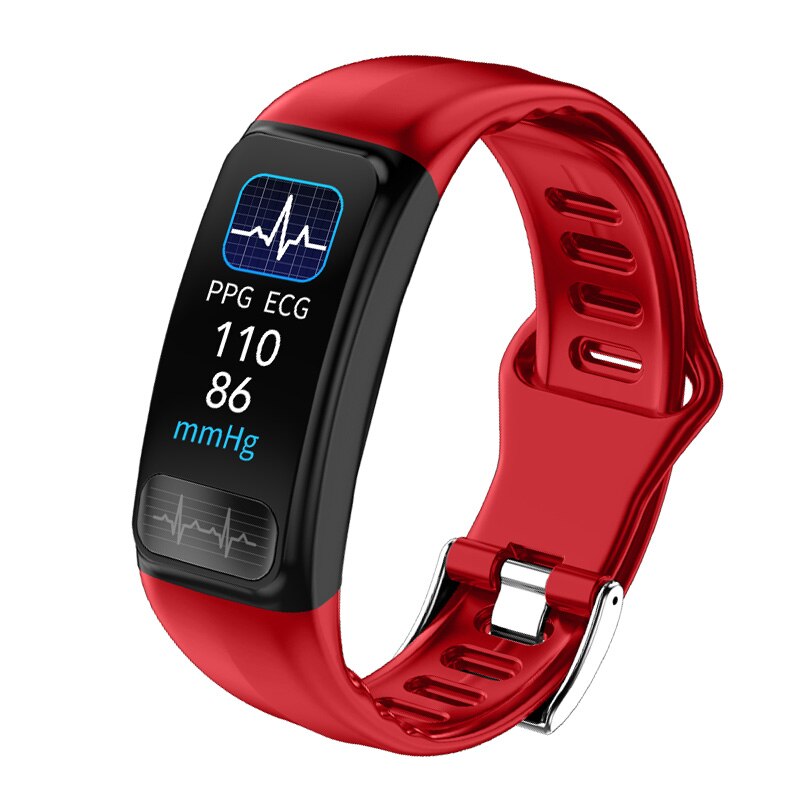 P12 ECG PPG SPO2 Smart Bracelet Heart Rate Blood Pressure Monitor Sport Smart Band IP67 Waterproof Fitness Tracker PK P1 P3 P11: Red