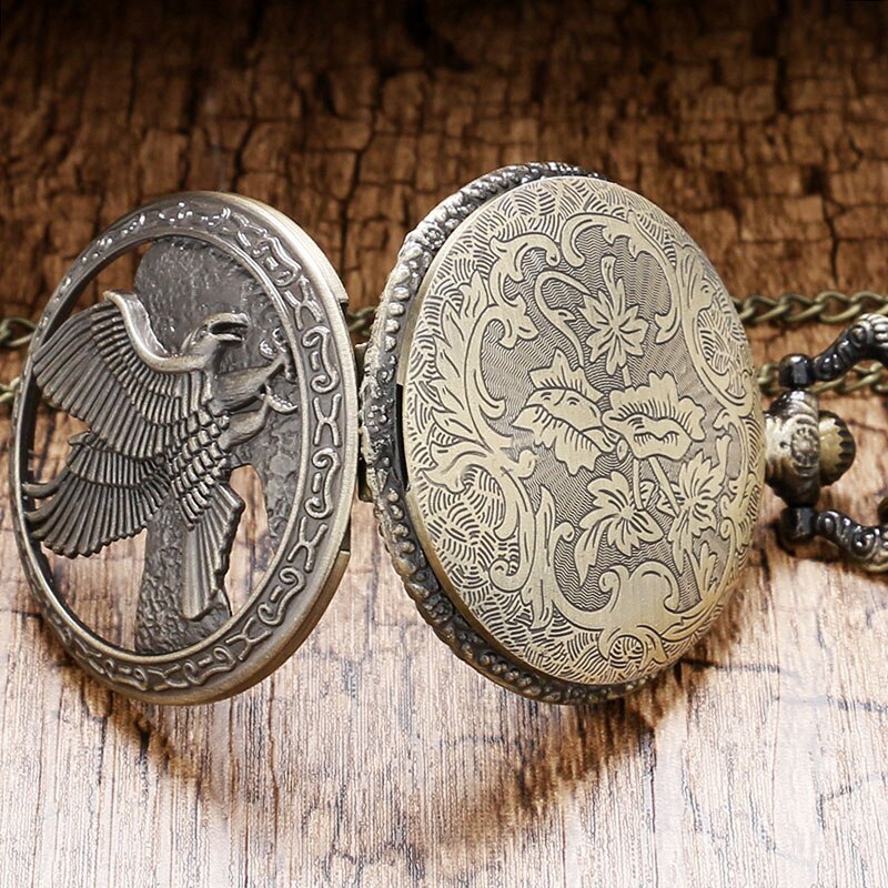 Antik bronze dobbelt ørn hule kvarts lommeur med kæde halskæde bedste fødselsdag