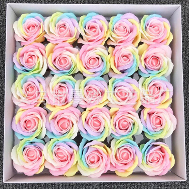 25 Stks/doos Kleurrijke Zeep Rose Decoratieve Bloemen Zeep Bloemblaadje Bruiloft Gunsten Valentijnsdag Cadeau Regenboog Rose Boeket