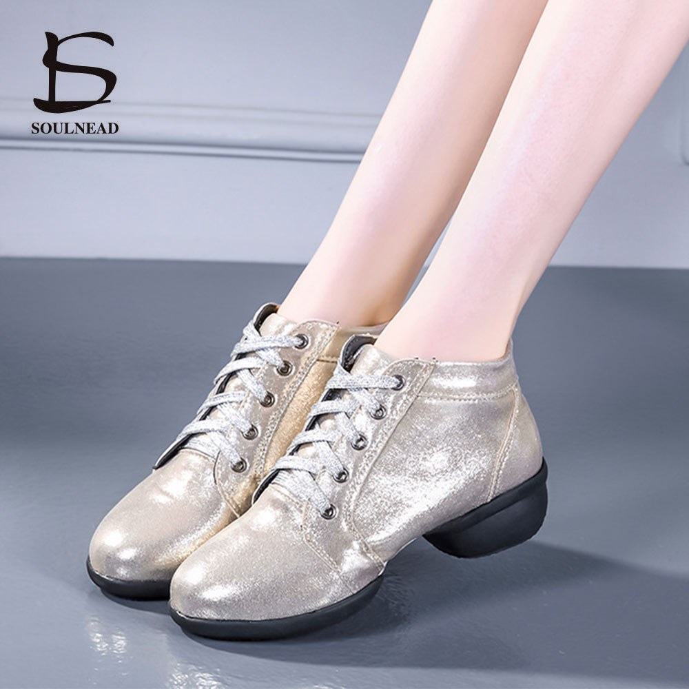 Zapatos de baile modernos para mujer, botas de baile de Jazz con tacón medio de cuero dorado, talla 35-41 de 4cm