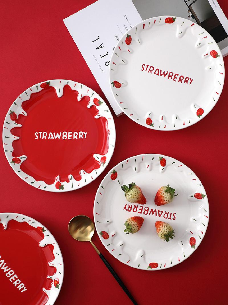 Cute Strawberry Ceramic Bowl Fruit Salad Bowl Yogurt Dessert Bowl Ins Tableware Rice Bowl Single Oatmeal Breakfast Bowl