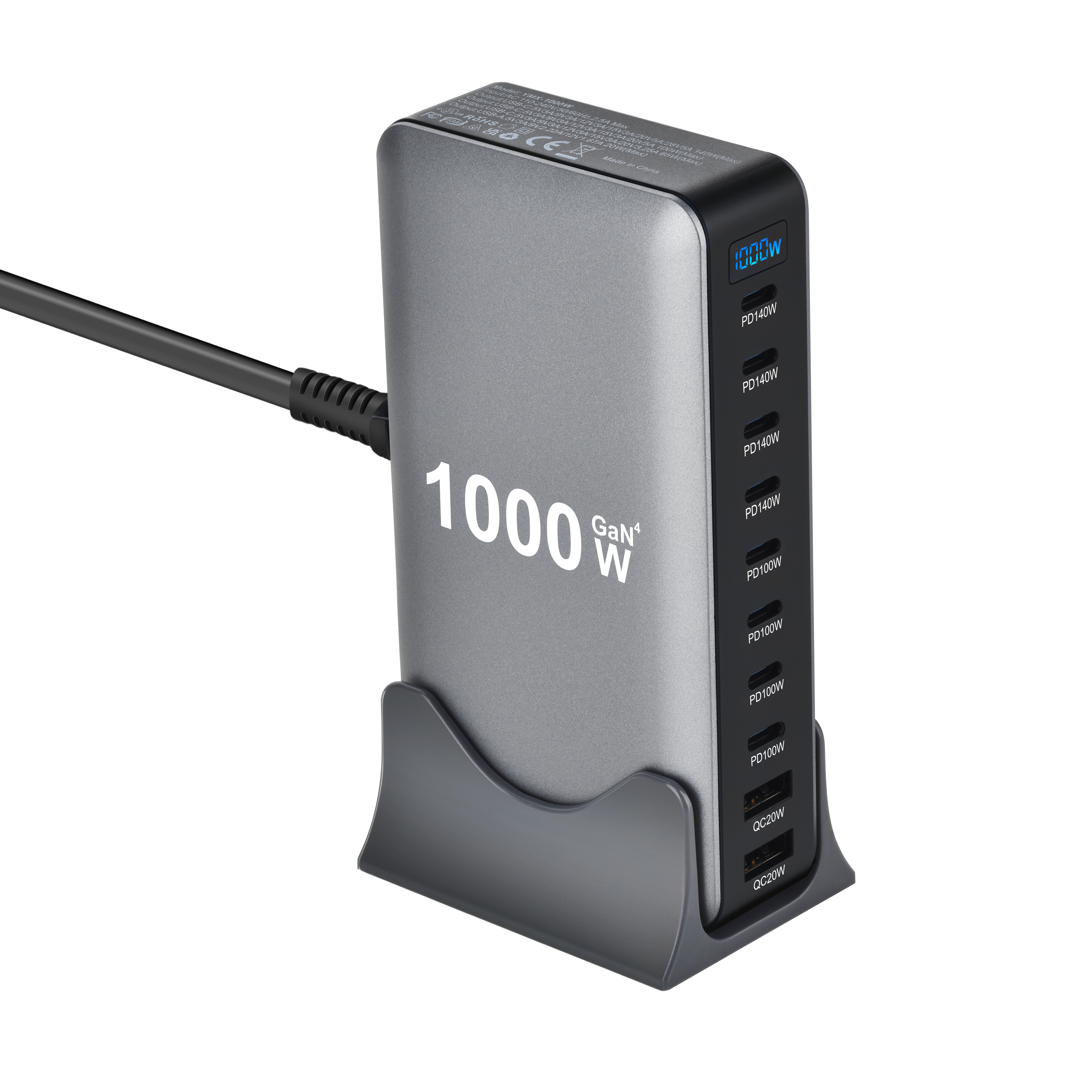 1000W GaN Fast Charger PD3.1 USB Type C 10-Port DesktopFast Charging Station Adapter for Mobile & Tablets