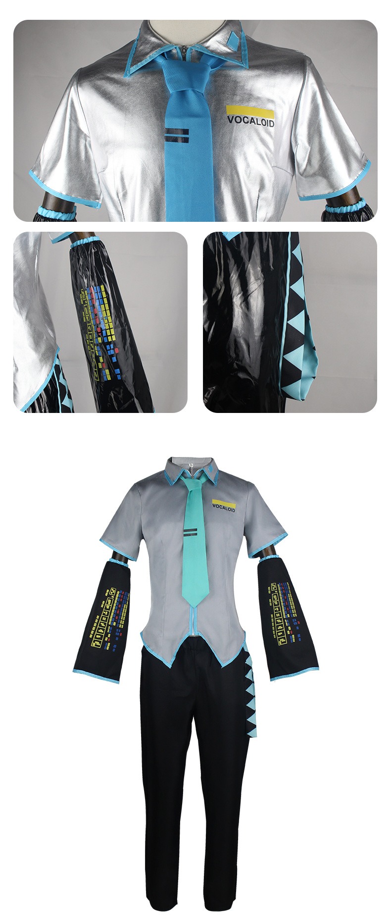 Peluca de disfraz de Miku para hombre, tamaño europeo, conjunto completo de tela de cuero plateado, traje de tela, uniforme de estilo masculino Miku