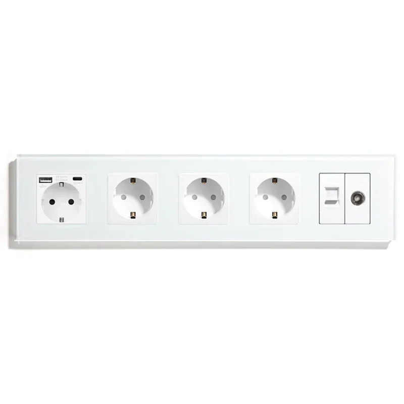 Vägguttag med usb typ c-brytare och uttag med tv-internet cat 6 -gränssnitt eu-standard vit kristallglasströmbrytare