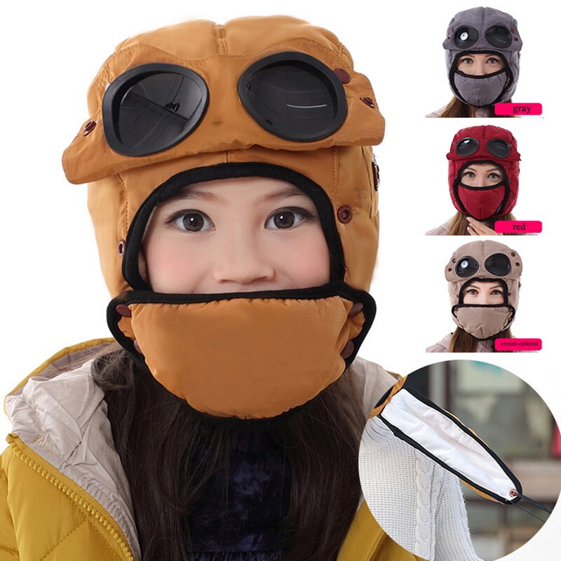 Men Women Winter Warm Cap Windproof Hat Cycling Windproof Earmuffs Face Protection Headgear with Removable Glasses and Mask