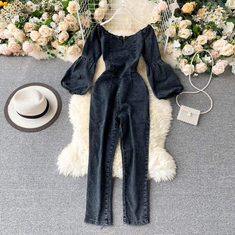 Gagarich kvinner denim jumpsuit sexy slash neck off-shoulder pufferm dame høst high street retro jeans bodysuit