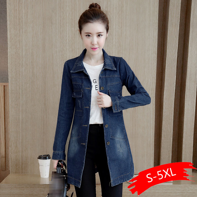 Høst vinter koreansk dongerijakke dame slank lang base coat dame frynsete marineblå plus size jeans jakker jakker kul 5xl