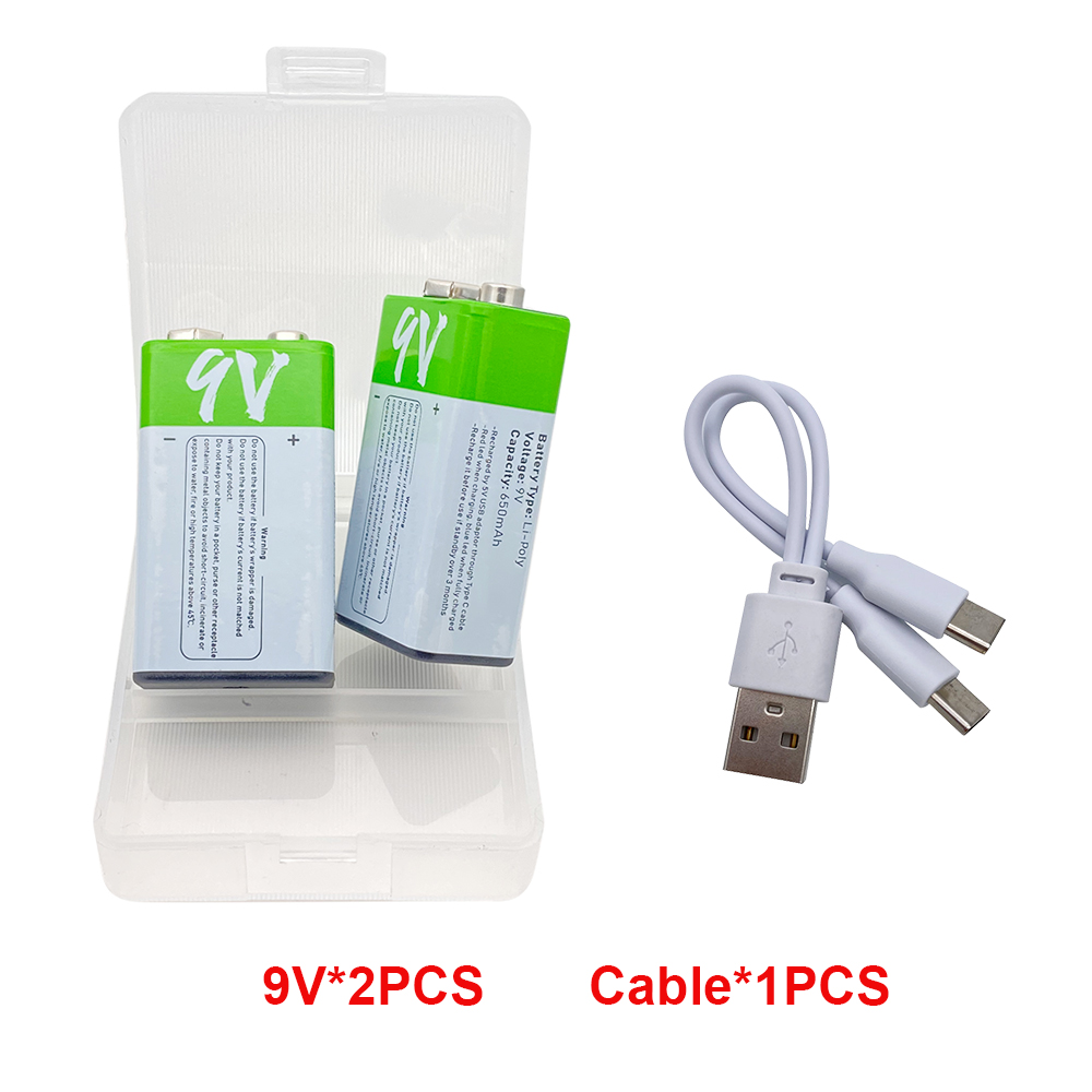 2-20pz 9V Batteria ricaricabile agli ioni di litio Ricarica USB 6F22 Batteria quadrata agli ioni di litio per metallo rivelatore KTV Microfono Giocattolo Multimetro: nero