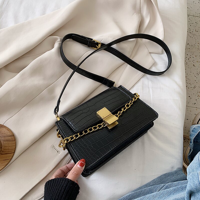 Krokodilmönster ladeis väskor pu läder crossbody väskor för kvinnor sommar kedja små axel handväskor kvinnliga väskor: Svart