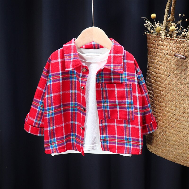 Chemise à carreaux à manches longues pour garçon et fille, veste décontractée à revers, style coréen, automne: Red / 80VM