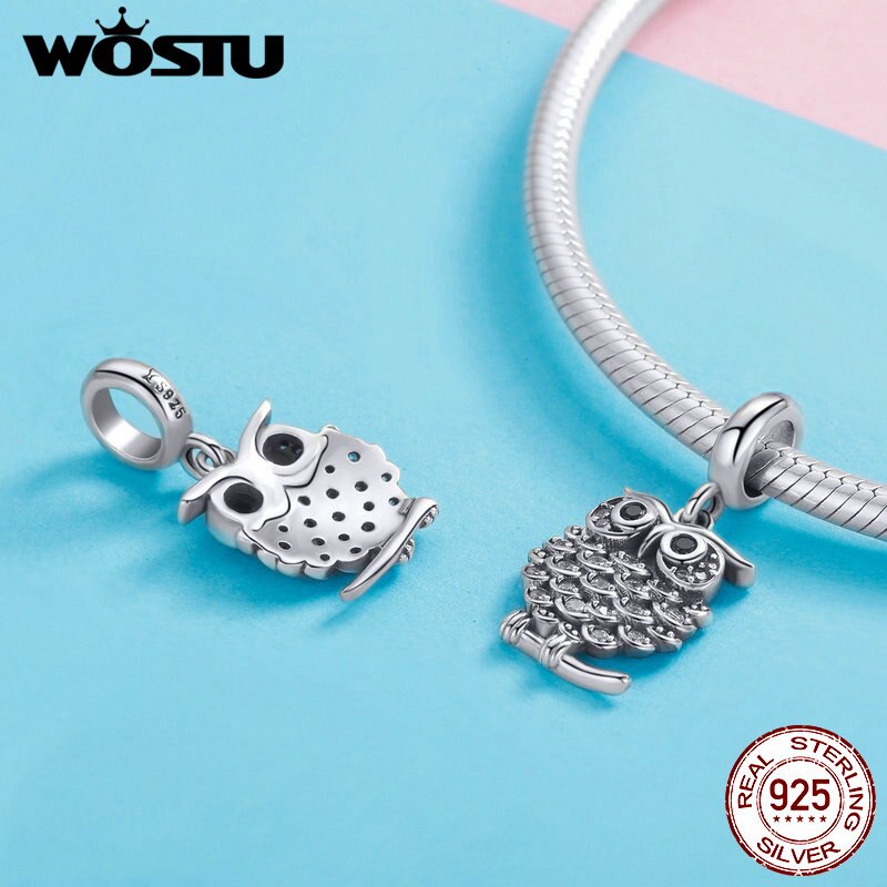 WOSTU Pure 100% 925 Sterling Silver Midnight Owl Dangle Charm Beads Fit Bracelet & Necklace Lovely S925 Jewelry CQC949