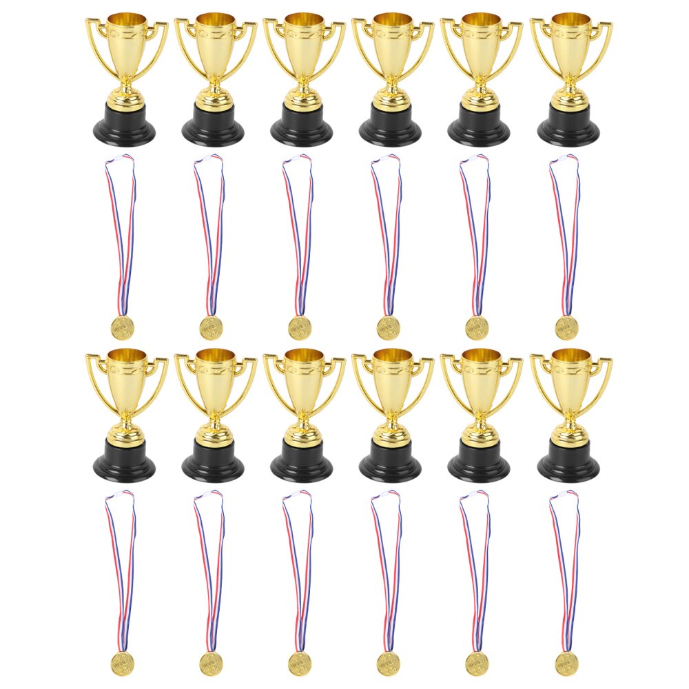 12pcs Mini Gold Cups Trophy and Award Medals Prizes Small Medals Awards Trophy Toys for Students Sport(6pcs Trophie: Golden 1