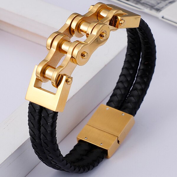 Hip-Hop Biker Sieraden Gevlochten Lederen & Goud Kleur Roestvrij Stalen Armband Mannen Motorfiets Chain Heren Armbanden: Gold Color