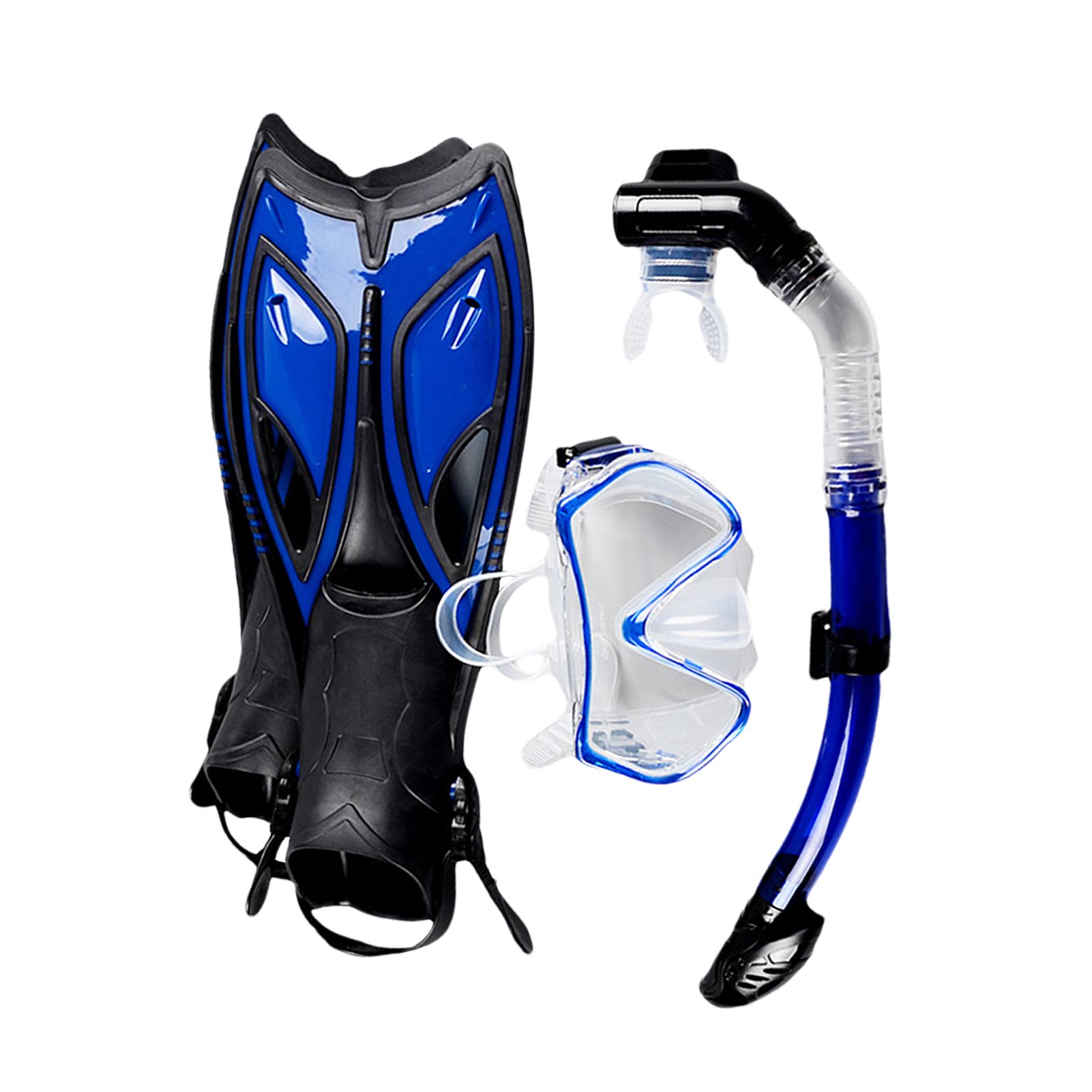 Large Frame Tempered Glass Snorkeling Face Gear Suit Adult Anti-fog Leak-proof Diving Goggles Full Dry Snorkel Flippers Set: Blue S
