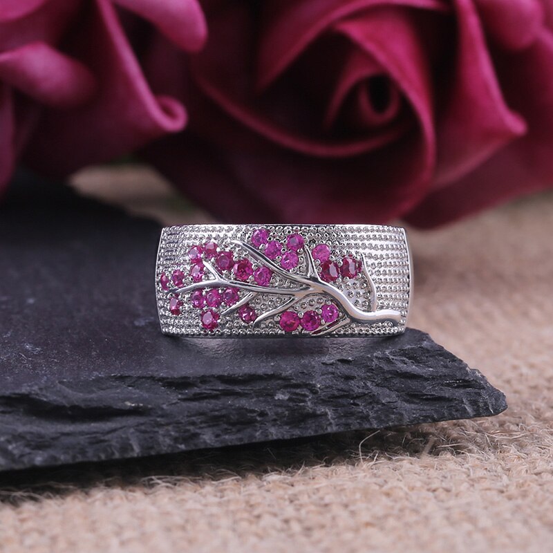 Huitan Romantic Rose Red Color Cherry Flower Tree Pattern Women Finger Rings Women Cute jewelry Rings For Female