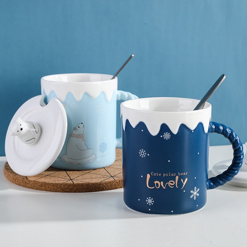 Leuke Ijsbeer Keramische Mok Met Deksel Lepel Koffie Cups Drinkware Koffie Thee Kopjes Student Melk Cup