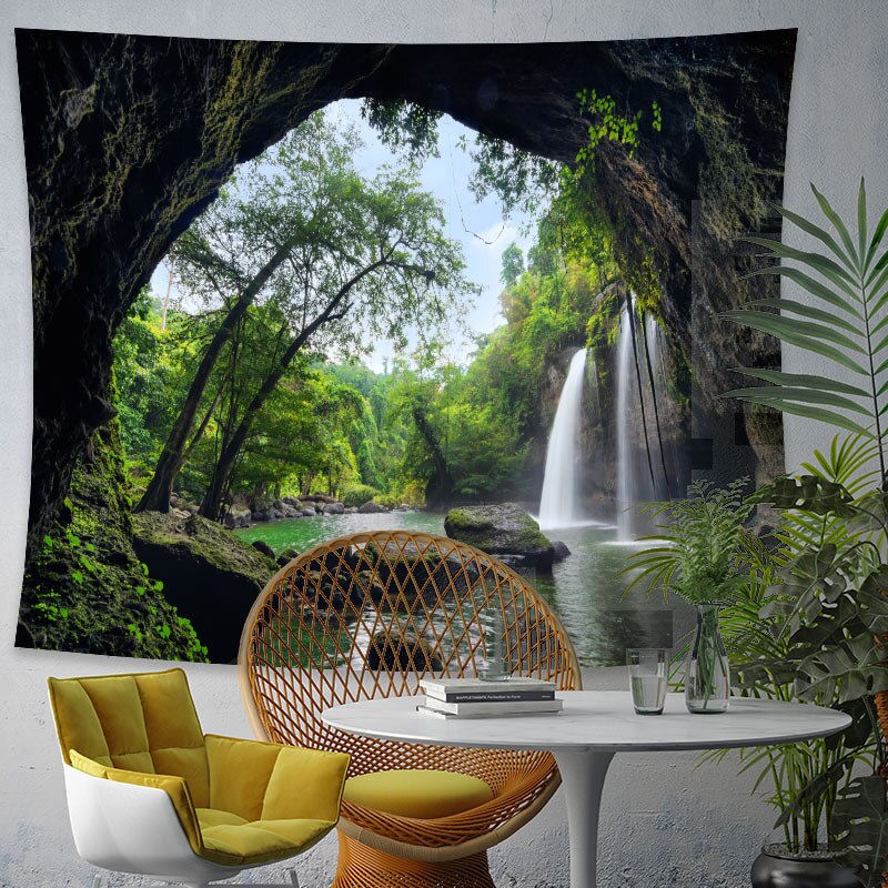 Large Beautiful Nature Scenery Forest Waterfall Wall Tapestry Psychedelic Forest Waterfall Home Wall Hanging Tapestries Yoga Mat