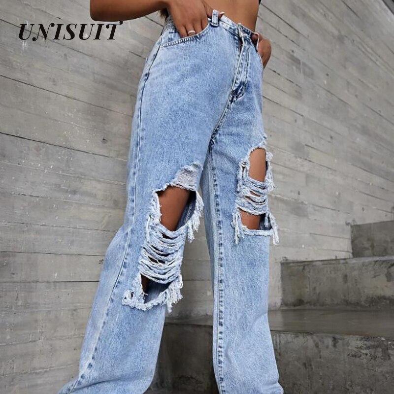 Pantalones vaqueros rasgados para mujer, Vaqueros desgastados de pierna recta y piernas anchas, estilo europeo y americano, para monopatín,