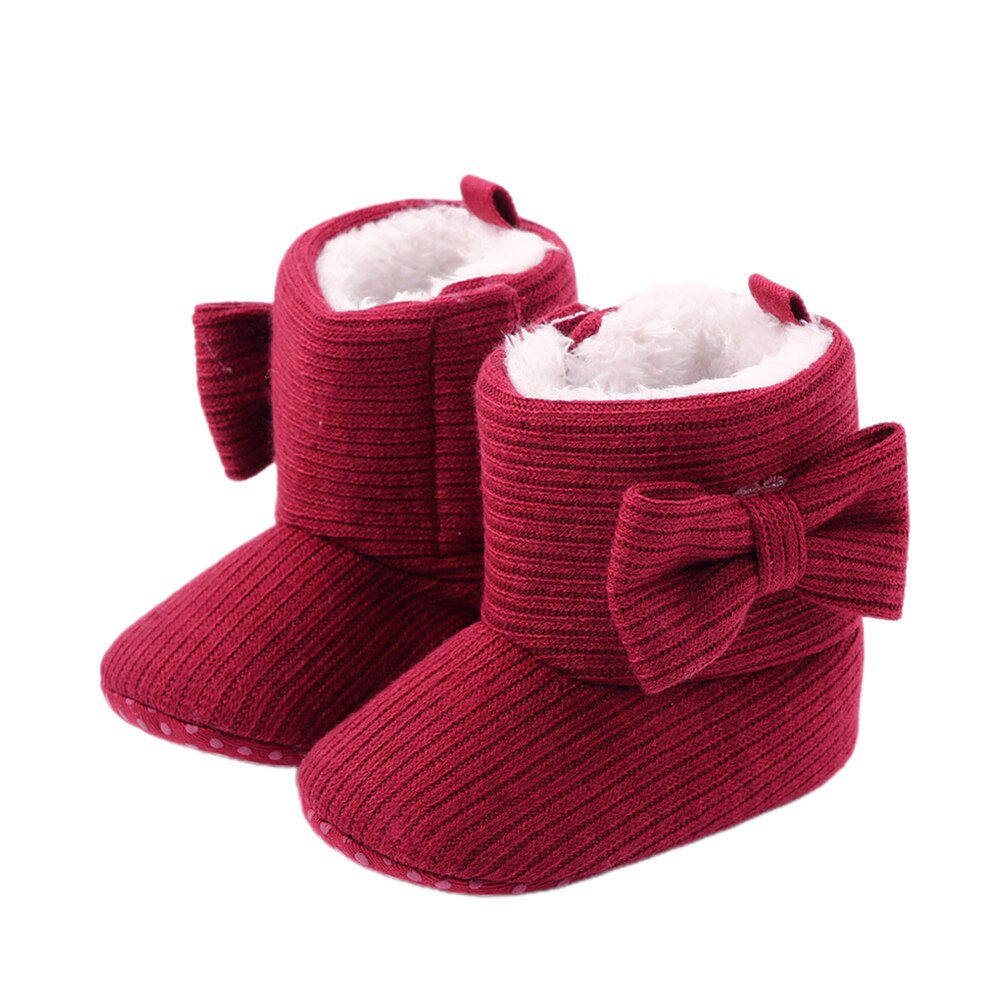 Pudcoco bebis flickor pojkar snöstövlar vinter varm solid mjuk sula halkskydd spjälsäng skor mysiga bowknot tossor: Röd / 7-12 månader