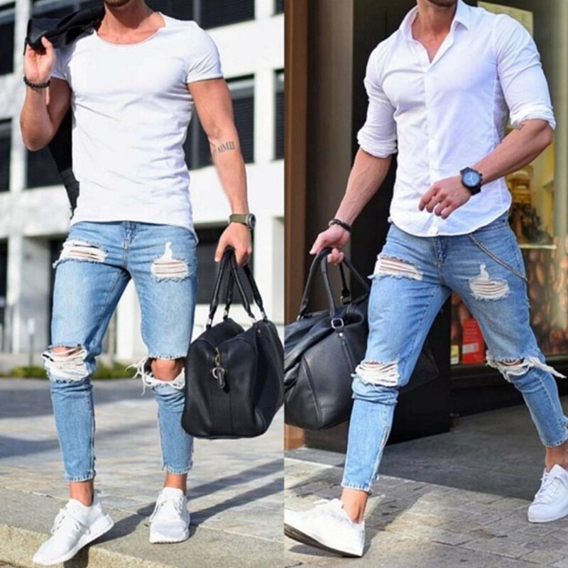 Men's Denim Pant Stretch Destroyed Ripped Ankle Pants Zipper Skinny Jeans For Men Plus Size Jeans