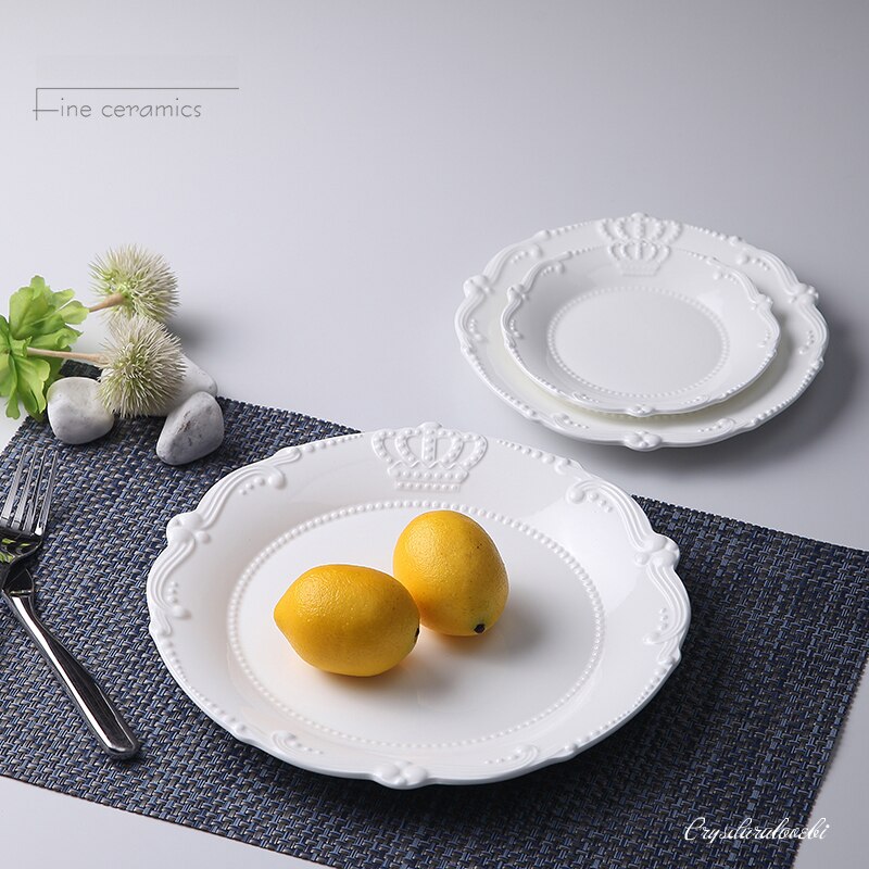 Juego de 3 piezas de porcelana blanca en relieve, 6 + 8 + 10 pulgadas, de corona, juego de platos de cerámica para cena, platos para servir de boda