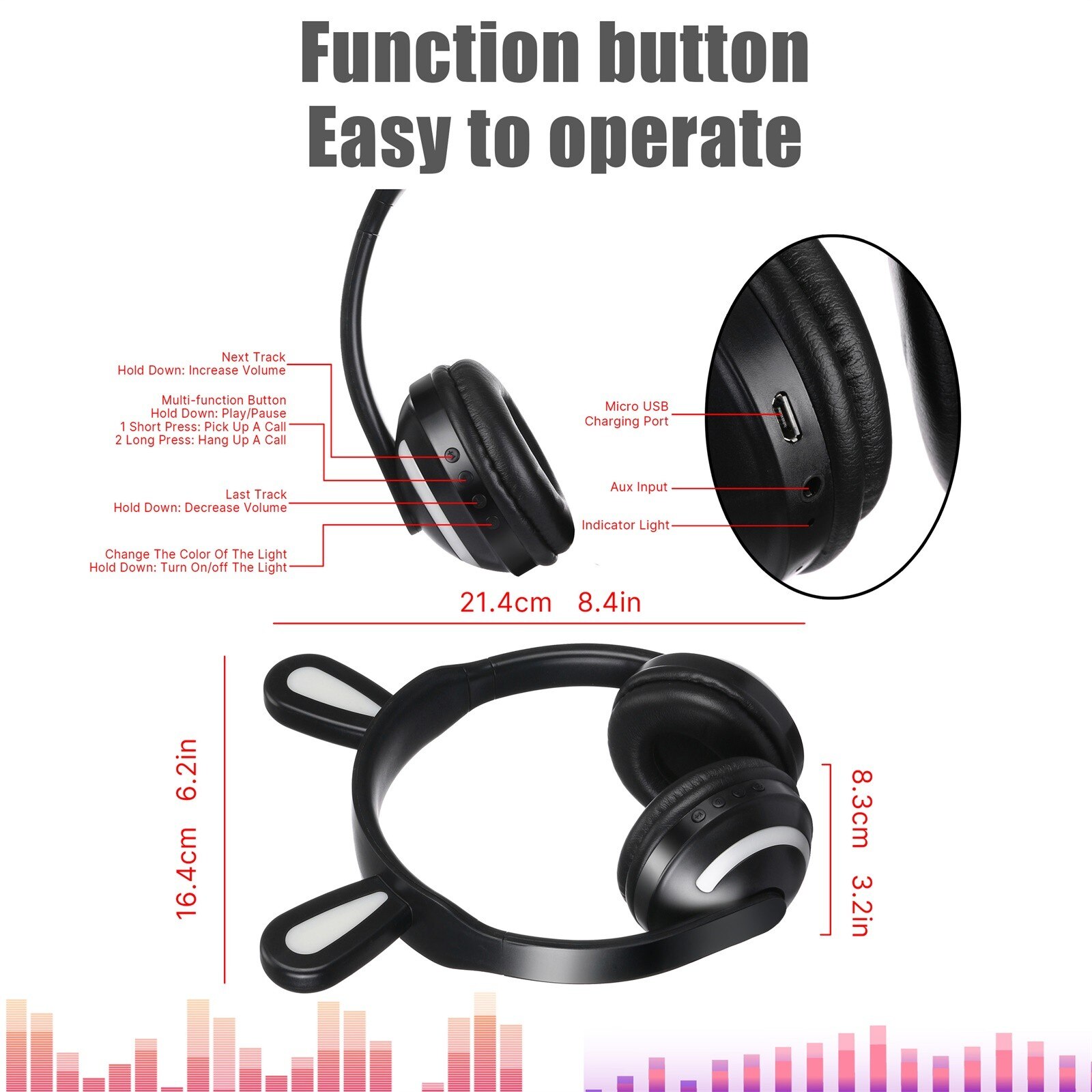 Earphones Wireless Bluetooth Cat Ear Headphones On-Ear Stereo Gaming Headset for Girls Long Lasting Battery