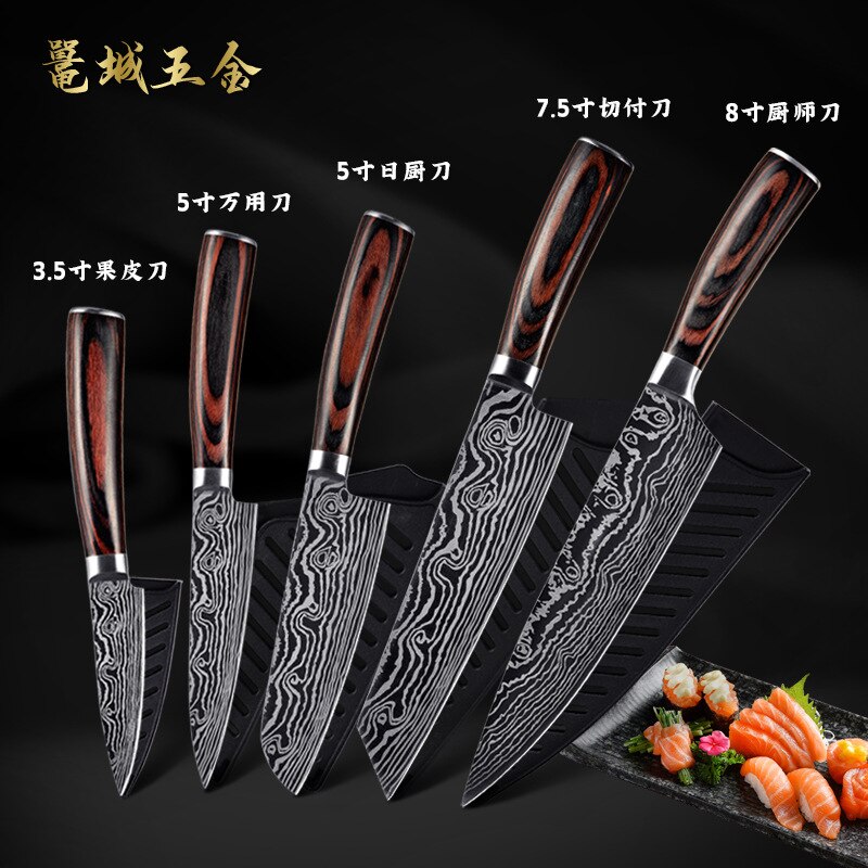 Cuchillo de Chef KnivesHigh de acero inoxidable, dibujo de Damasco, Gyuto, cuchillo de Santoku: 5PCS