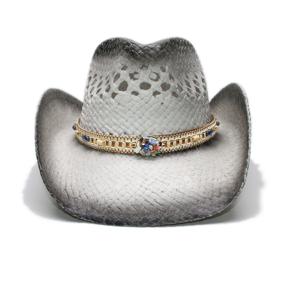 Sombrero de rafia estilo bohemio para mujer, sombrero de paja de rafia con ala ancha hueca para playa, vaquero, vaquera, banda de punto de piedra en color negro (58cm)